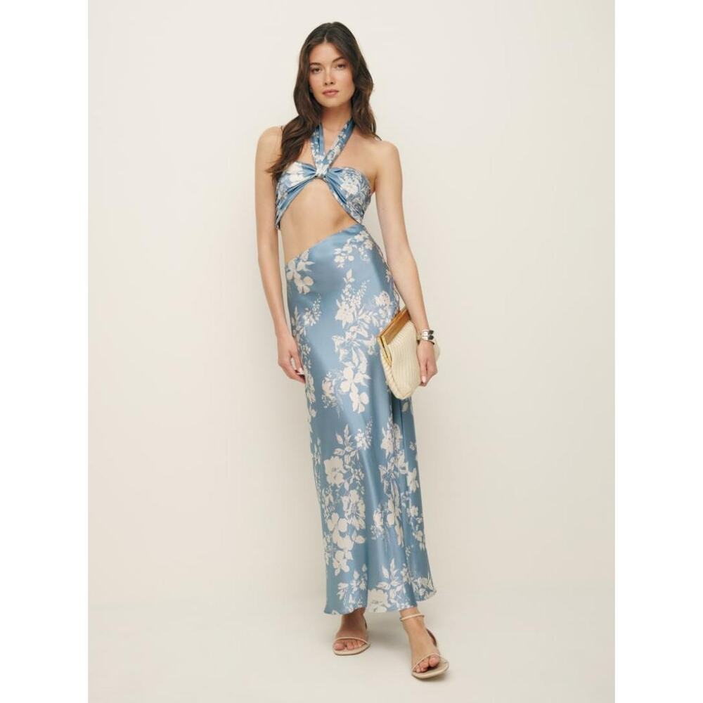 NWT Reformation Vivi Silk Cut-Out Maxi Dress Aliso Blue White Floral Size 2